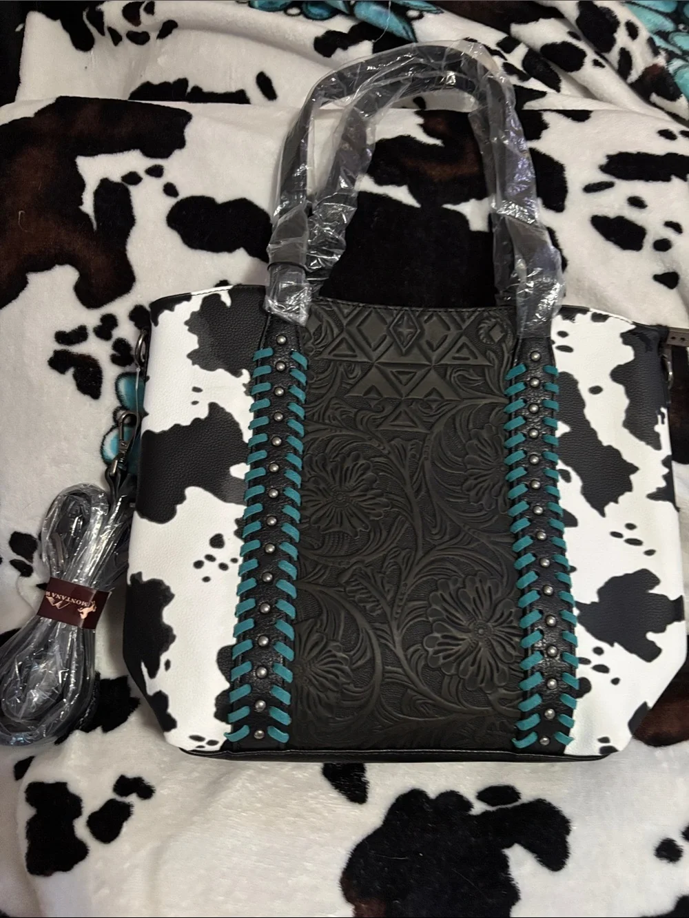 Montana West Black & White Cowhide Tote with Turquoise Accents - Picture 1 of 4